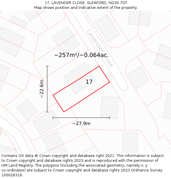 17, LAVENDER CLOSE, SLEAFORD, NG34 7GT: Plot and title map