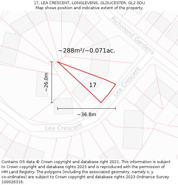 17, LEA CRESCENT, LONGLEVENS, GLOUCESTER, GL2 0DU: Plot and title map