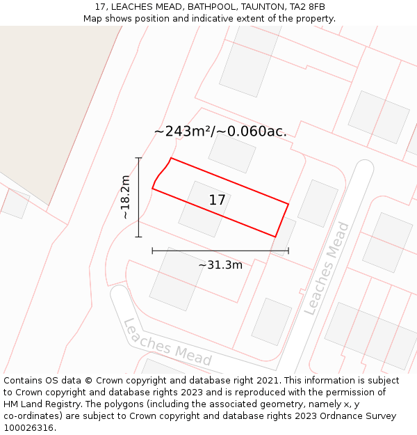 17, LEACHES MEAD, BATHPOOL, TAUNTON, TA2 8FB: Plot and title map