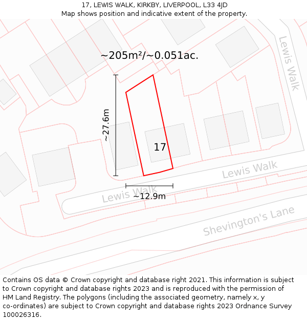 17, LEWIS WALK, KIRKBY, LIVERPOOL, L33 4JD: Plot and title map