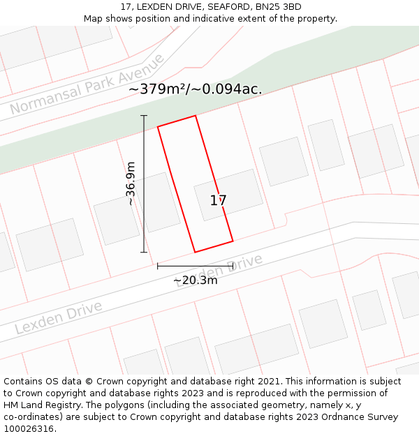 17, LEXDEN DRIVE, SEAFORD, BN25 3BD: Plot and title map