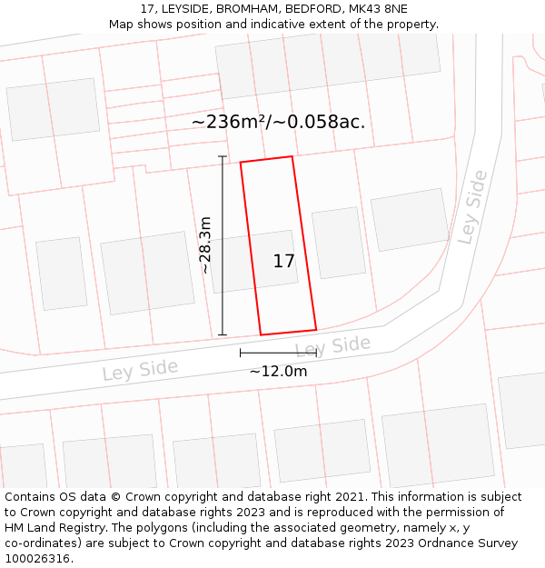 17, LEYSIDE, BROMHAM, BEDFORD, MK43 8NE: Plot and title map