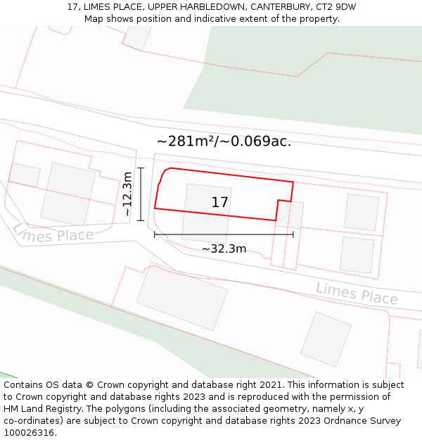 17, LIMES PLACE, UPPER HARBLEDOWN, CANTERBURY, CT2 9DW: Plot and title map