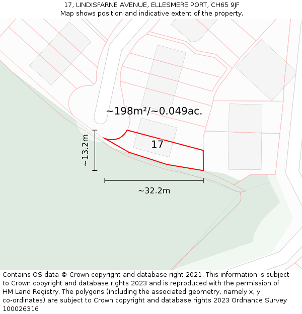 17, LINDISFARNE AVENUE, ELLESMERE PORT, CH65 9JF: Plot and title map