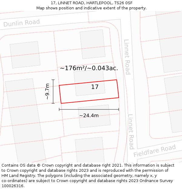 17, LINNET ROAD, HARTLEPOOL, TS26 0SF: Plot and title map