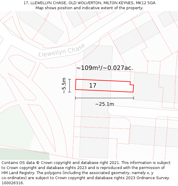 17, LLEWELLYN CHASE, OLD WOLVERTON, MILTON KEYNES, MK12 5GA: Plot and title map
