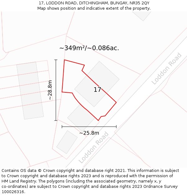 17, LODDON ROAD, DITCHINGHAM, BUNGAY, NR35 2QY: Plot and title map