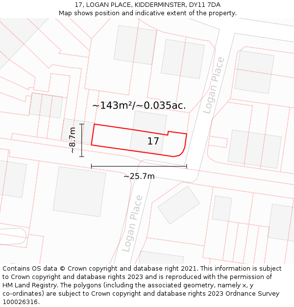 17, LOGAN PLACE, KIDDERMINSTER, DY11 7DA: Plot and title map