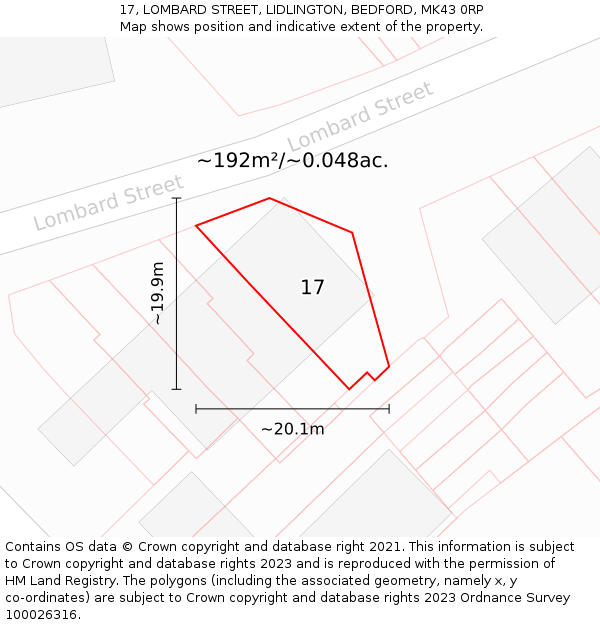 17, LOMBARD STREET, LIDLINGTON, BEDFORD, MK43 0RP: Plot and title map
