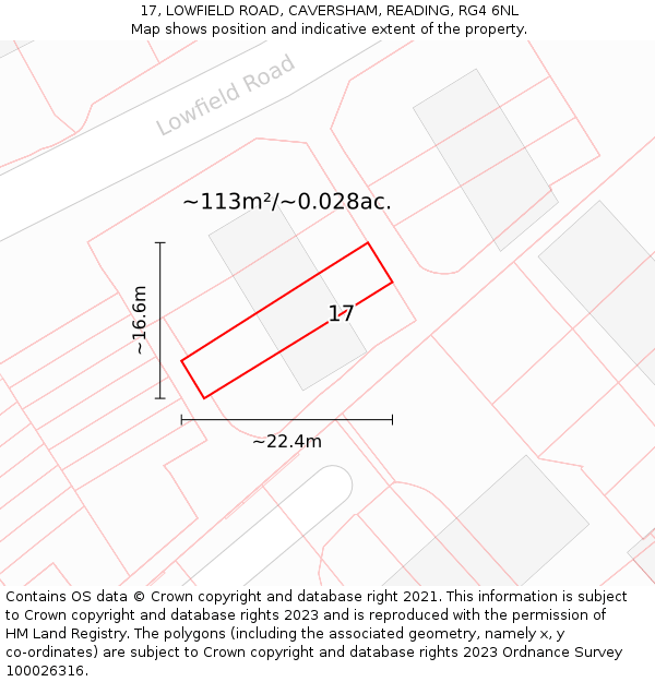 17, LOWFIELD ROAD, CAVERSHAM, READING, RG4 6NL: Plot and title map