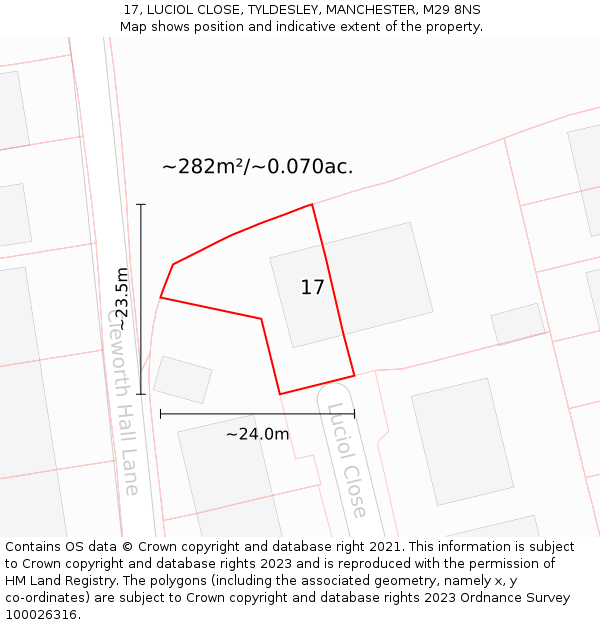 17, LUCIOL CLOSE, TYLDESLEY, MANCHESTER, M29 8NS: Plot and title map