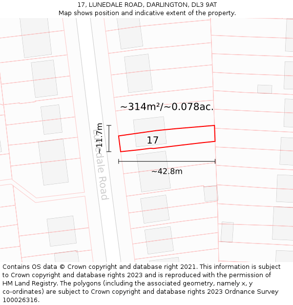 17, LUNEDALE ROAD, DARLINGTON, DL3 9AT: Plot and title map