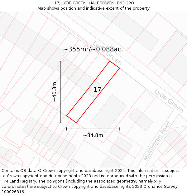 17, LYDE GREEN, HALESOWEN, B63 2PQ: Plot and title map