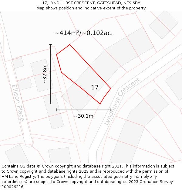 17, LYNDHURST CRESCENT, GATESHEAD, NE9 6BA: Plot and title map