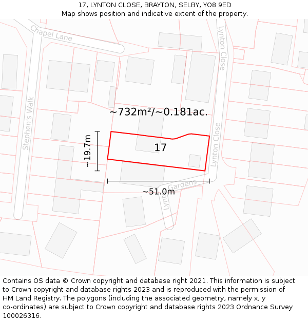 17, LYNTON CLOSE, BRAYTON, SELBY, YO8 9ED: Plot and title map