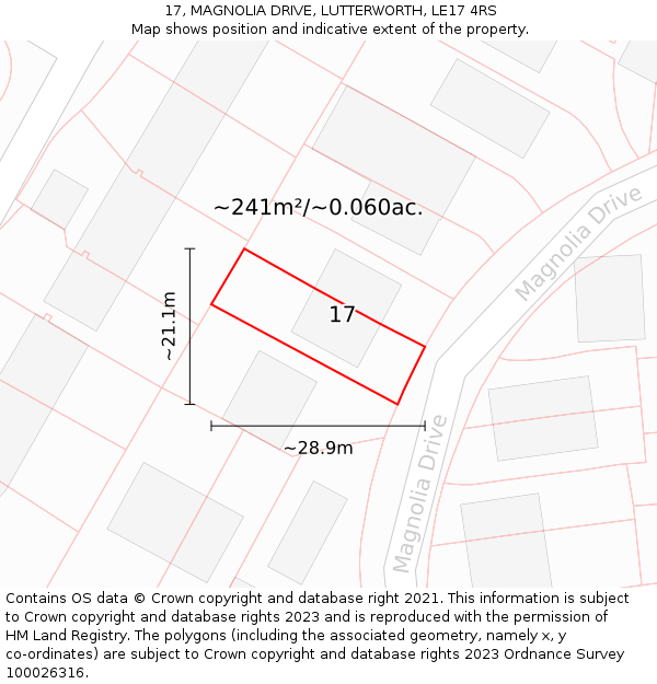 17, MAGNOLIA DRIVE, LUTTERWORTH, LE17 4RS: Plot and title map