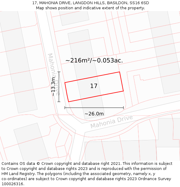 17, MAHONIA DRIVE, LANGDON HILLS, BASILDON, SS16 6SD: Plot and title map