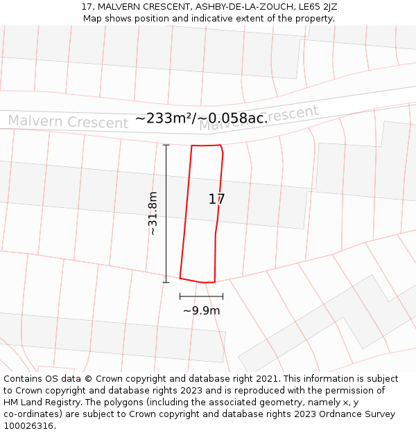 17, MALVERN CRESCENT, ASHBY-DE-LA-ZOUCH, LE65 2JZ: Plot and title map