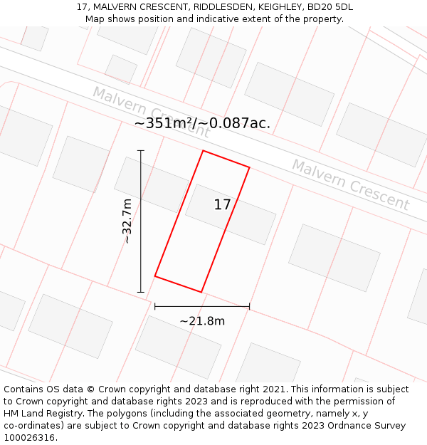 17, MALVERN CRESCENT, RIDDLESDEN, KEIGHLEY, BD20 5DL: Plot and title map