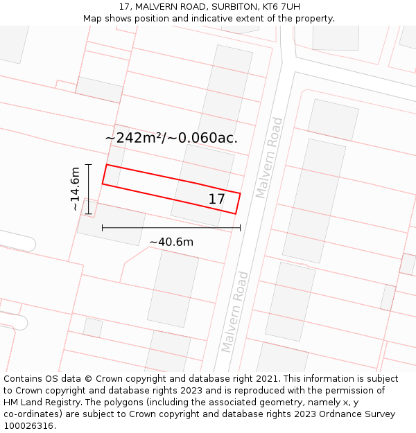 17, MALVERN ROAD, SURBITON, KT6 7UH: Plot and title map
