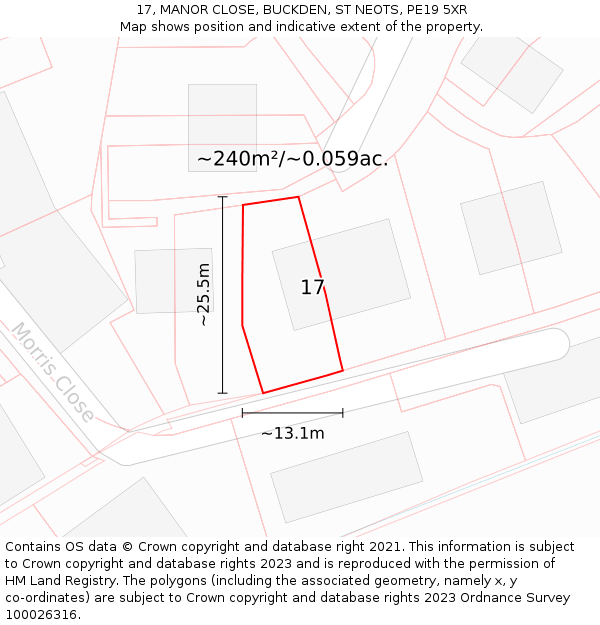 17, MANOR CLOSE, BUCKDEN, ST NEOTS, PE19 5XR: Plot and title map