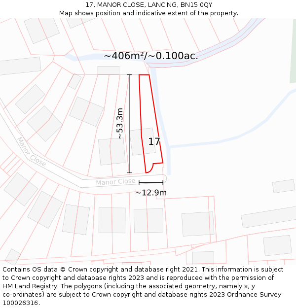 17, MANOR CLOSE, LANCING, BN15 0QY: Plot and title map