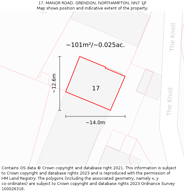 17, MANOR ROAD, GRENDON, NORTHAMPTON, NN7 1JF: Plot and title map