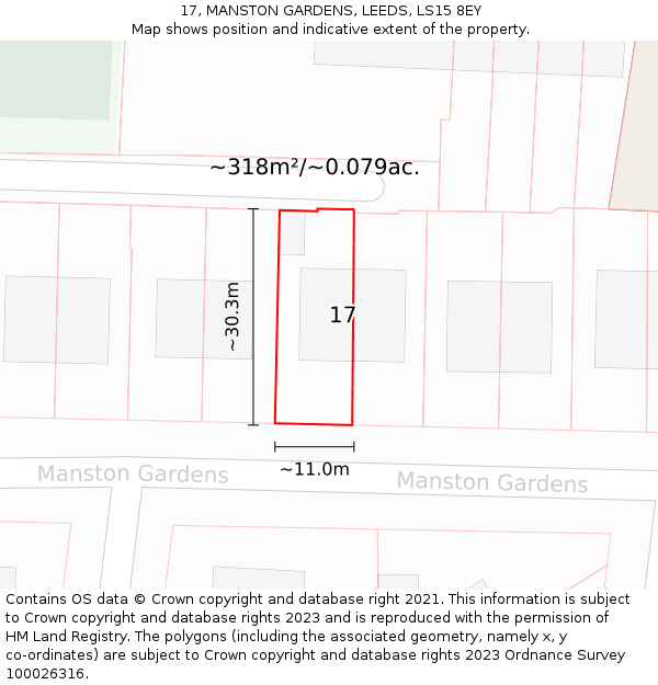 17, MANSTON GARDENS, LEEDS, LS15 8EY: Plot and title map
