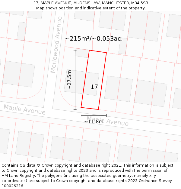 17, MAPLE AVENUE, AUDENSHAW, MANCHESTER, M34 5SR: Plot and title map