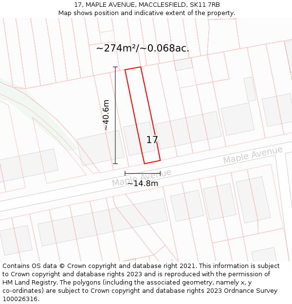 17, MAPLE AVENUE, MACCLESFIELD, SK11 7RB: Plot and title map