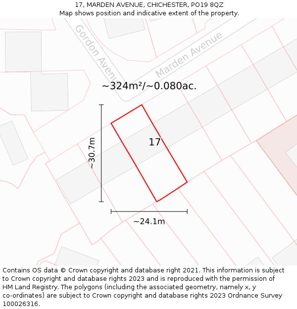 17, MARDEN AVENUE, CHICHESTER, PO19 8QZ: Plot and title map