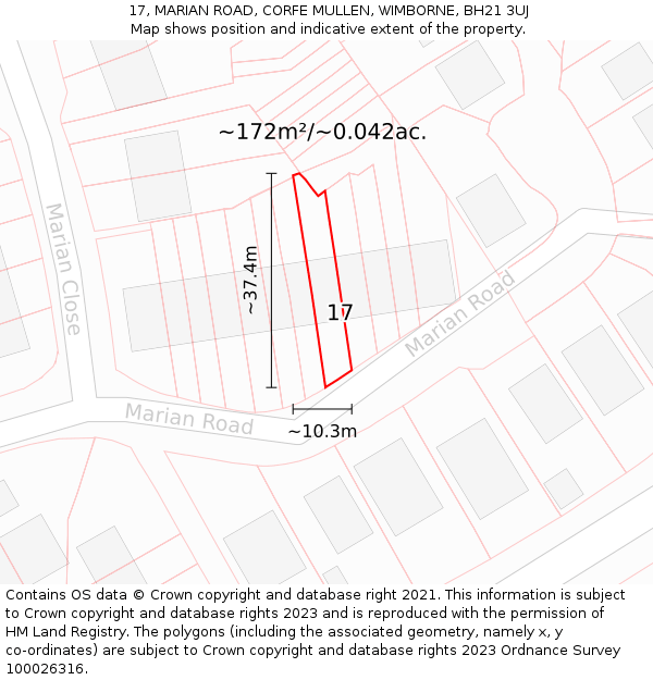 17, MARIAN ROAD, CORFE MULLEN, WIMBORNE, BH21 3UJ: Plot and title map
