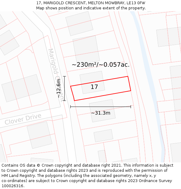17, MARIGOLD CRESCENT, MELTON MOWBRAY, LE13 0FW: Plot and title map