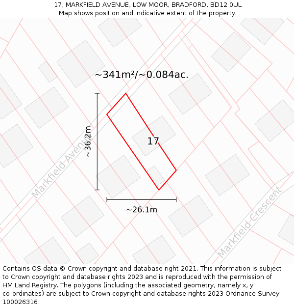17, MARKFIELD AVENUE, LOW MOOR, BRADFORD, BD12 0UL: Plot and title map
