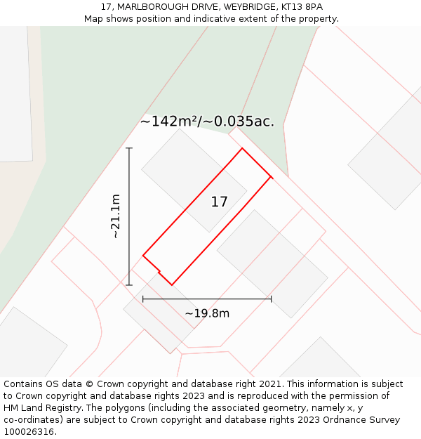 17, MARLBOROUGH DRIVE, WEYBRIDGE, KT13 8PA: Plot and title map