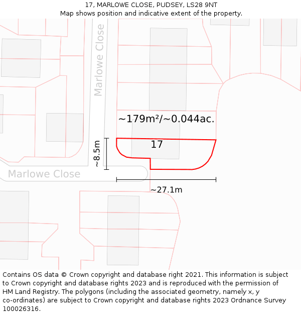17, MARLOWE CLOSE, PUDSEY, LS28 9NT: Plot and title map