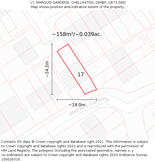 17, MARQUIS GARDENS, CHELLASTON, DERBY, DE73 5WD: Plot and title map