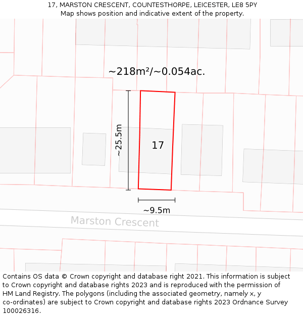 17, MARSTON CRESCENT, COUNTESTHORPE, LEICESTER, LE8 5PY: Plot and title map