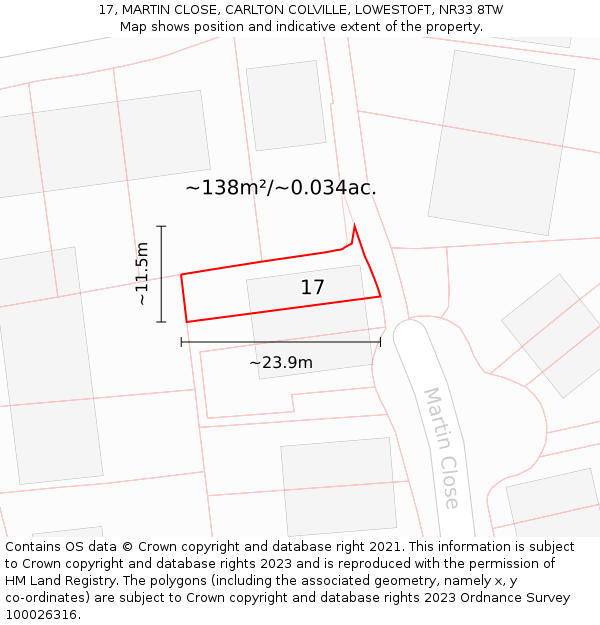 17, MARTIN CLOSE, CARLTON COLVILLE, LOWESTOFT, NR33 8TW: Plot and title map