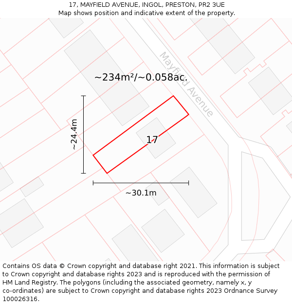 17, MAYFIELD AVENUE, INGOL, PRESTON, PR2 3UE: Plot and title map