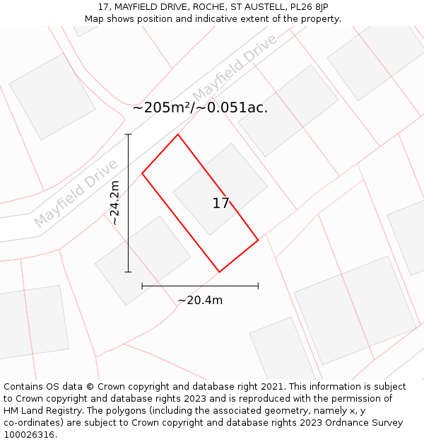 17, MAYFIELD DRIVE, ROCHE, ST AUSTELL, PL26 8JP: Plot and title map