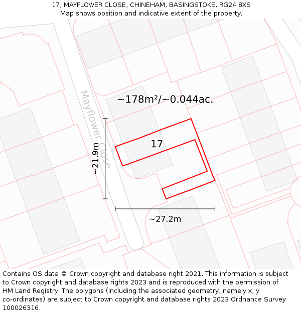 17, MAYFLOWER CLOSE, CHINEHAM, BASINGSTOKE, RG24 8XS: Plot and title map