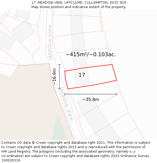 17, MEADOW VIEW, UFFCULME, CULLOMPTON, EX15 3DS: Plot and title map