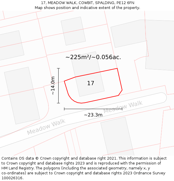 17, MEADOW WALK, COWBIT, SPALDING, PE12 6FN: Plot and title map