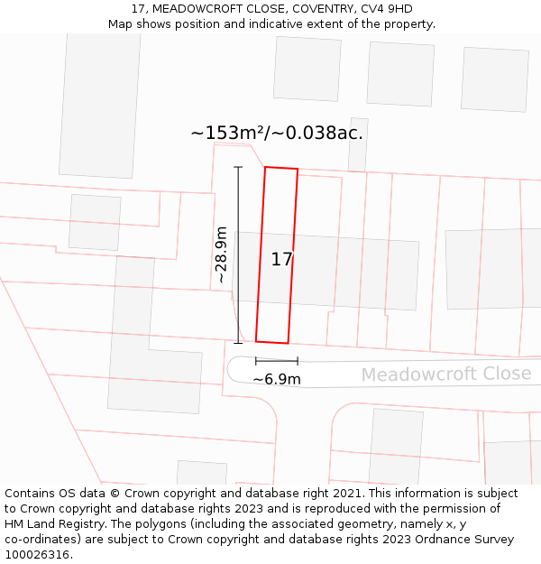 17, MEADOWCROFT CLOSE, COVENTRY, CV4 9HD: Plot and title map