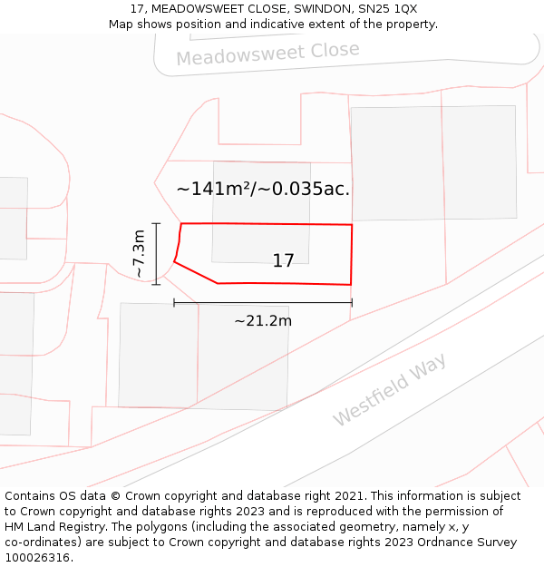 17, MEADOWSWEET CLOSE, SWINDON, SN25 1QX: Plot and title map