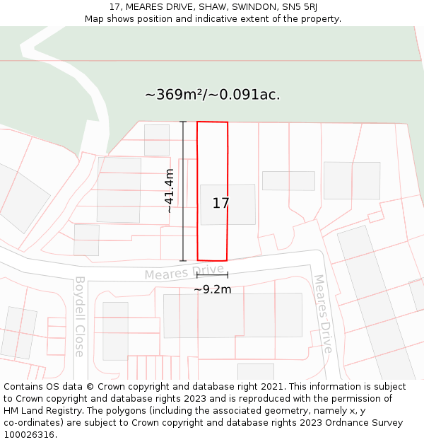 17, MEARES DRIVE, SHAW, SWINDON, SN5 5RJ: Plot and title map