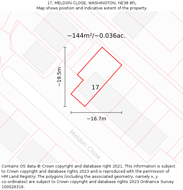 17, MELDON CLOSE, WASHINGTON, NE38 8FL: Plot and title map