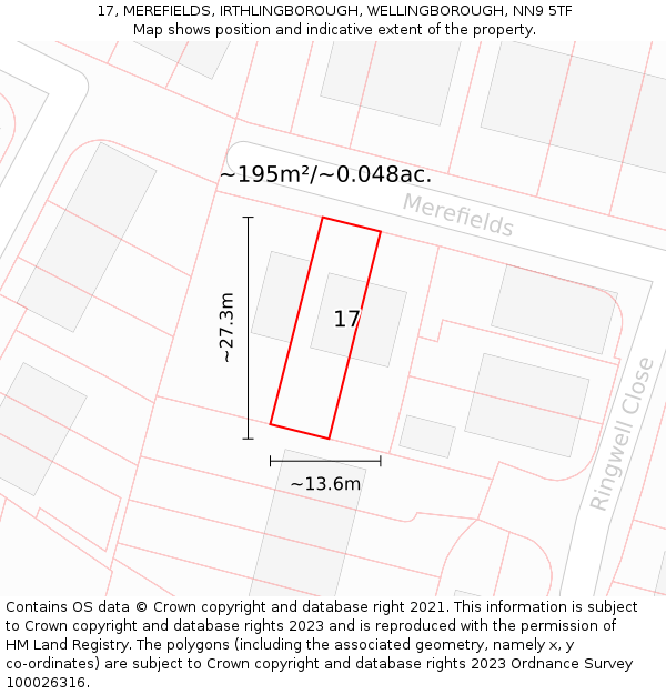 17, MEREFIELDS, IRTHLINGBOROUGH, WELLINGBOROUGH, NN9 5TF: Plot and title map