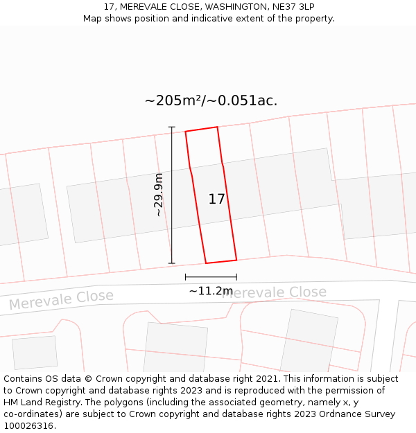 17, MEREVALE CLOSE, WASHINGTON, NE37 3LP: Plot and title map